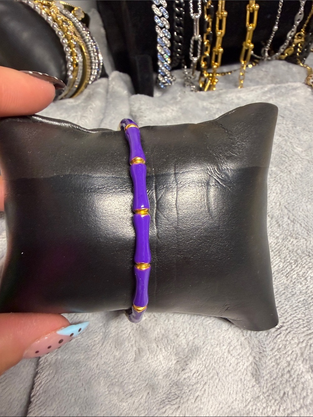Purple Bamboo-Style Enamel Bracelet with Gold Accents